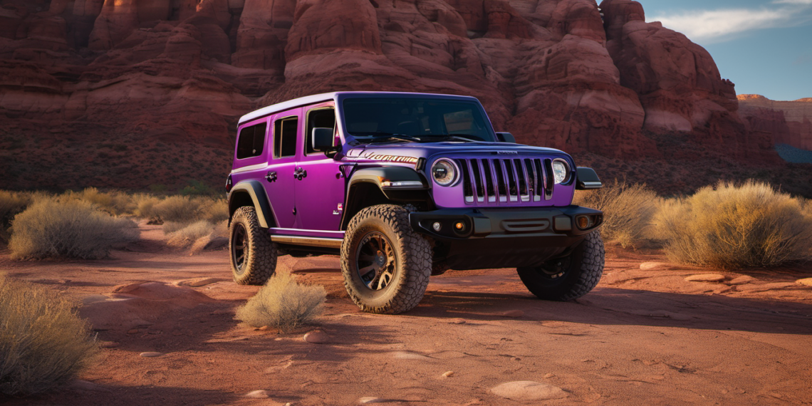 Purple Jeep-inspired off-road SUV in a desert setting, illustrating the retro-themed 2026 Wrangler and Gladiator Rewind package.