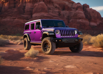 Purple Jeep-inspired off-road SUV in a desert setting, illustrating the retro-themed 2026 Wrangler and Gladiator Rewind package.
